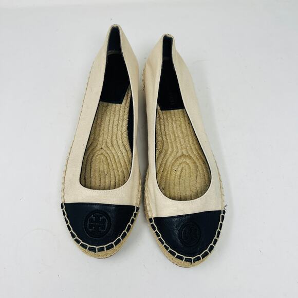 Tory Burch Cap Toe Espadrille Wedge Shoe Slip On Casual Tan Black - 8.5 - Picture 5 of 9